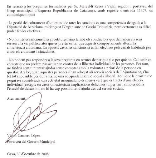 Respuesta del Equipo de Gobierno del Ayuntamiento de Gavà a la pregunta de ERC sobre la reincidencia de determinadas prostitutas en Gavà Mar (30 de octubre de 2008)